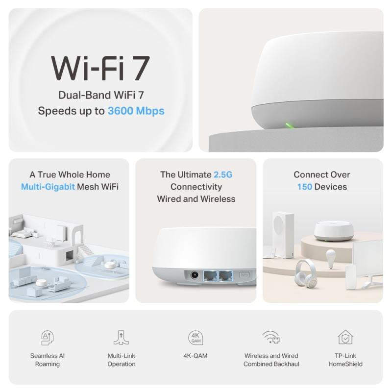 TP-Link DECO BE25(1-PACK) système Wi-Fi maillé Bi-bande (2,4 GHz / 5 GHz) Wi-Fi 7 (802.11be) Blanc 2 Interne - vue 3