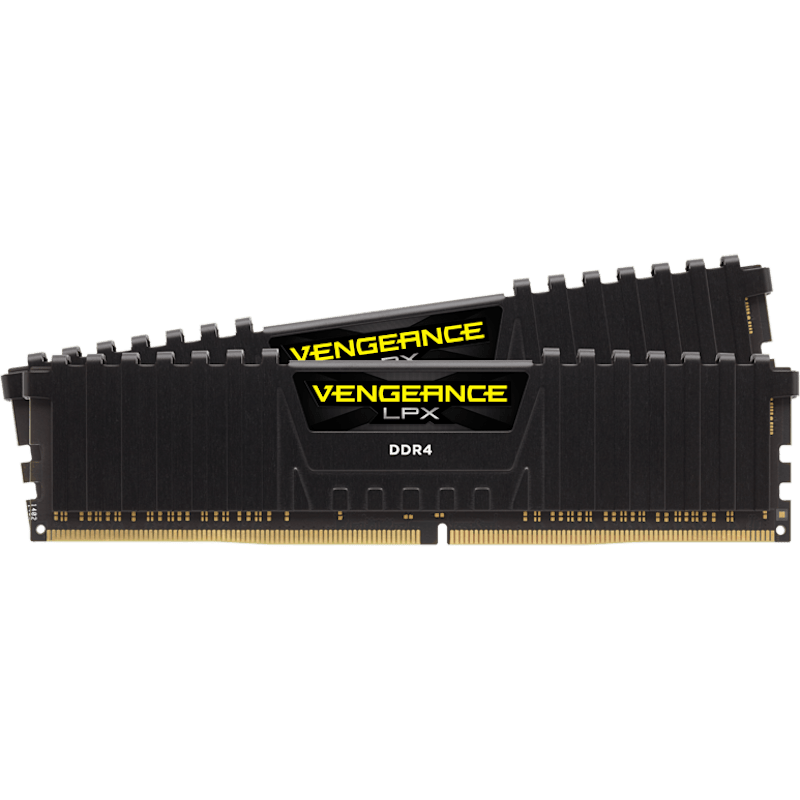 Barres de mémoire RAM Corsair Vengeance LPX 16 Go DDR4 3200 MHz, format profil bas, avec deux modules noirs.