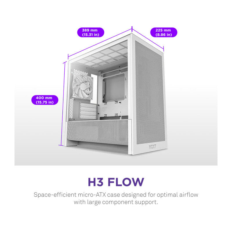 NZXT H3 Flow (2025) micro-ATX Mid-tower Case - All White Color - vue 2